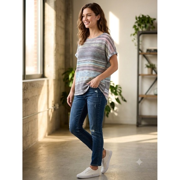 First Love by Lovelyn Tops - First Love Knit Top‎ Womens L Multi Color Striped Excellent Dolman High Low Hem